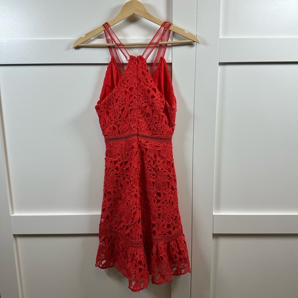 ASTR Red Orange Ladder Detail Crochet Lace Lined Sleeveless Mini Dress Womens XS - Picture 5 of 16
